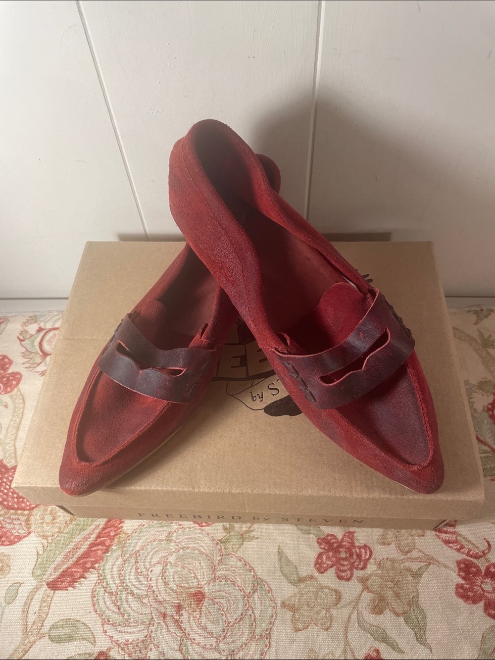 Freebird by Steven Kensington Red Distress Suede Pointed Toe Loafers